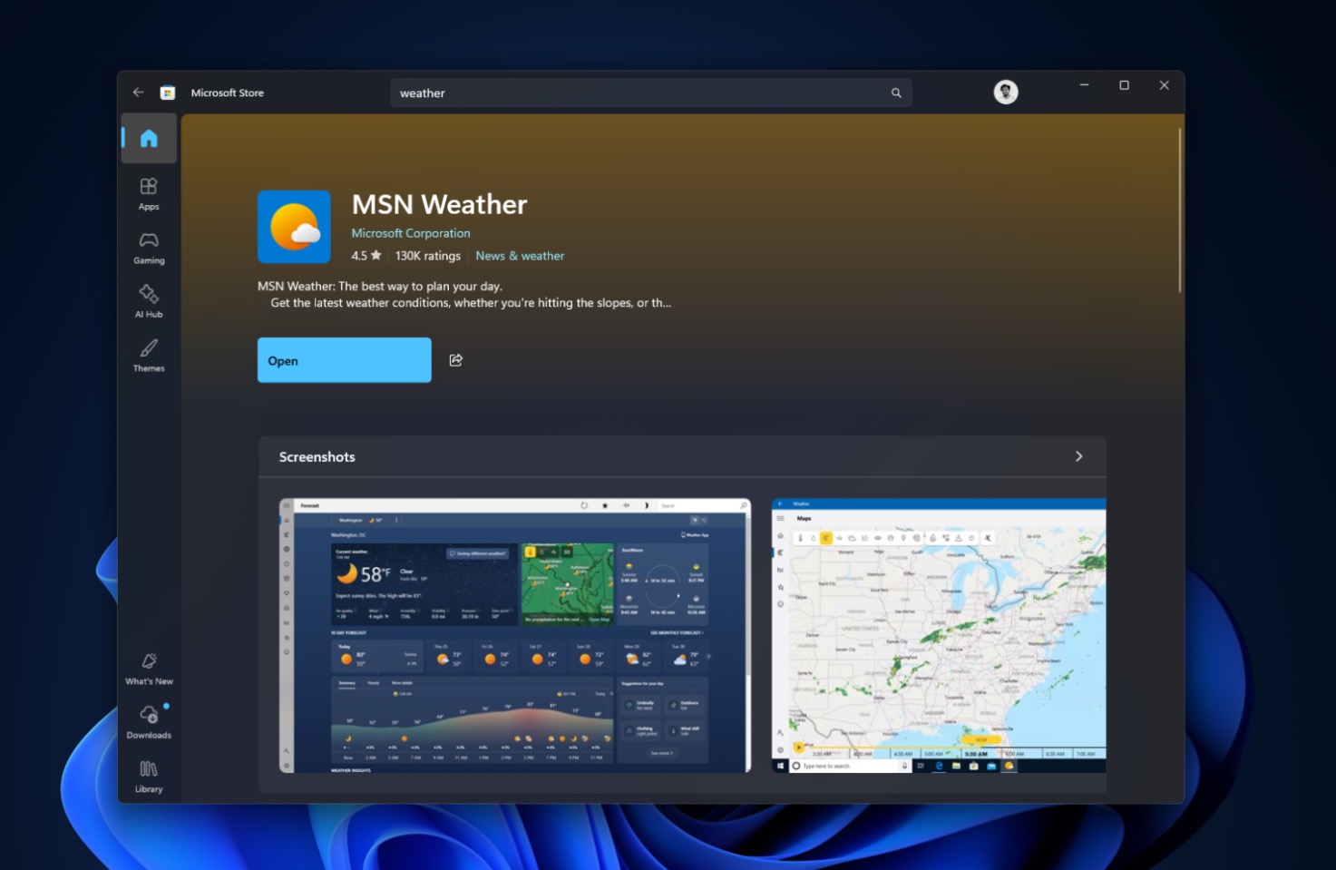 Weather thực chất là một trang MSN được bọc thành ứng dụng.